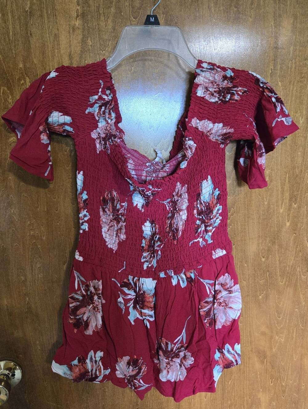 Maurices Red Floral Off The Shoulder Top with Pink Accents